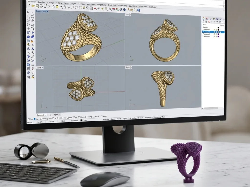 CAD rendering of a pavé-set yellow gold ring on screen in four views, beside the castable purple resin model 3D printed from the same file