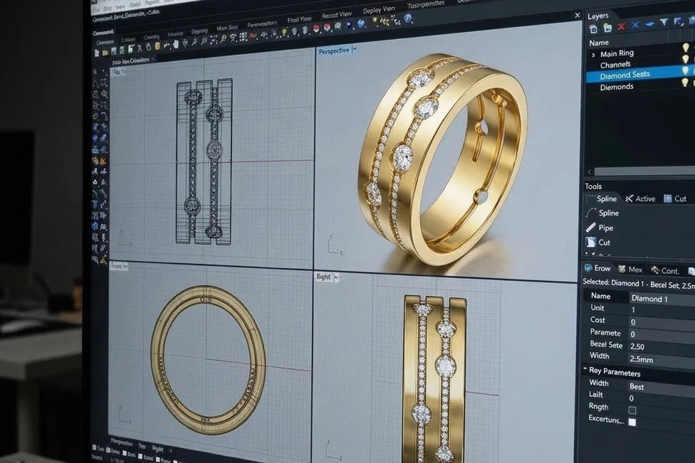 CAD model of a diamond-set yellow gold band on screen, shown in top, front, side and perspective views for client approval