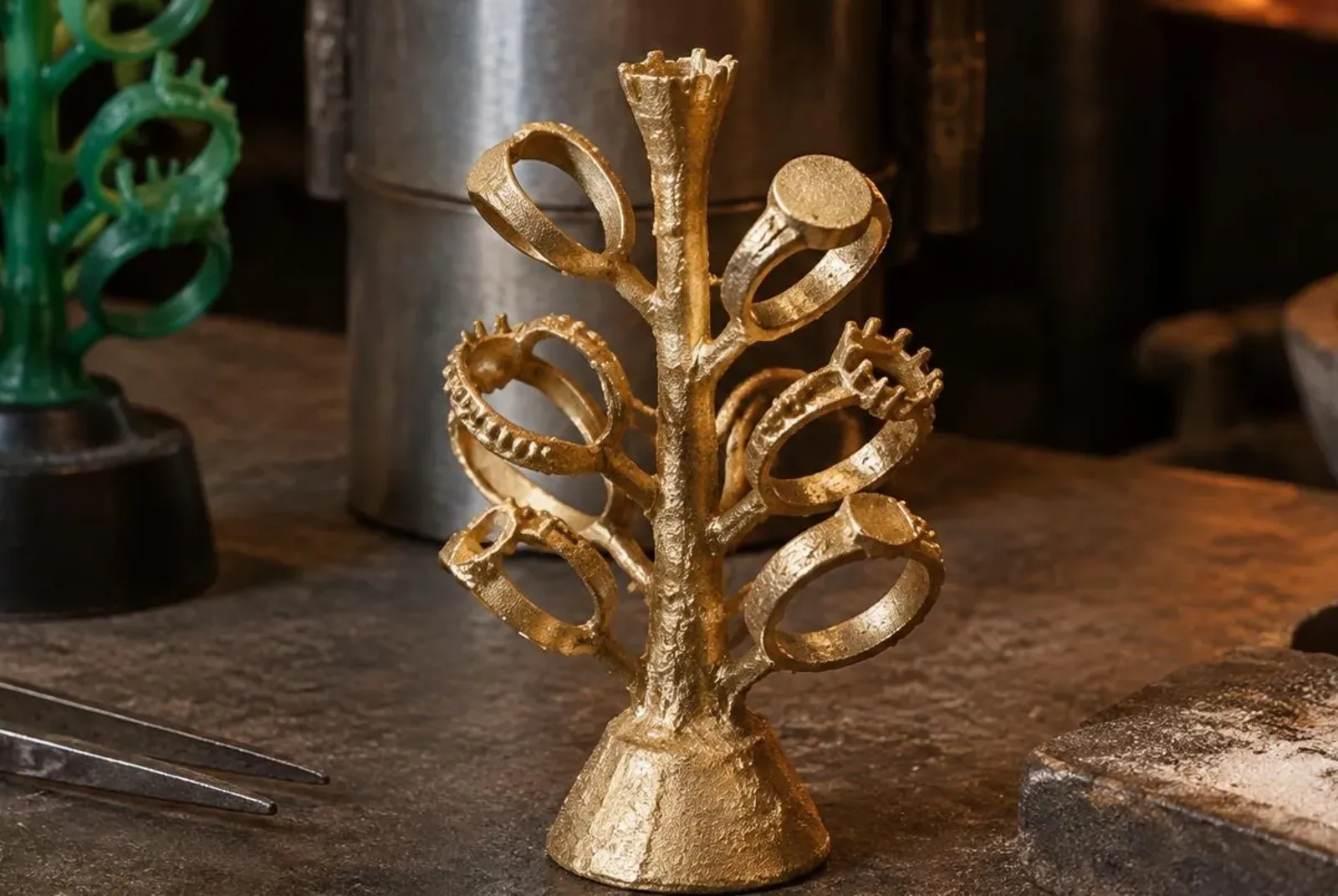 Wax ring models on a casting tree beside a steel flask and a raw gold casting tree at RJS