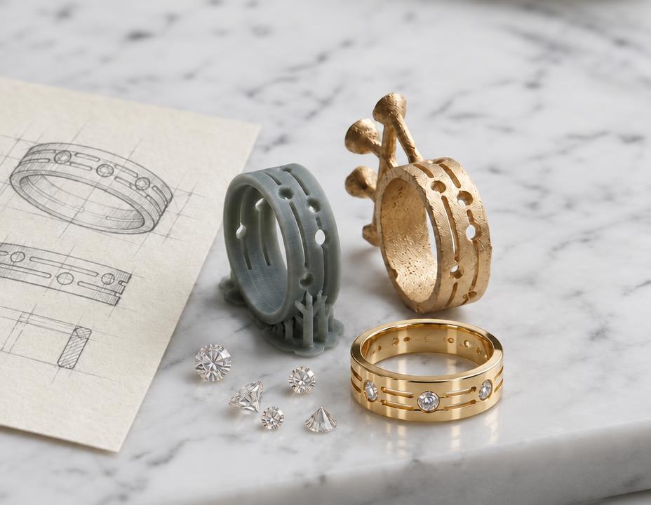 Ring band at four stages of production on marble: pencil sketch, 3D-printed castable resin model, raw gold casting with sprues, and the finished polished yellow gold band set with diamonds, with loose diamonds beside it